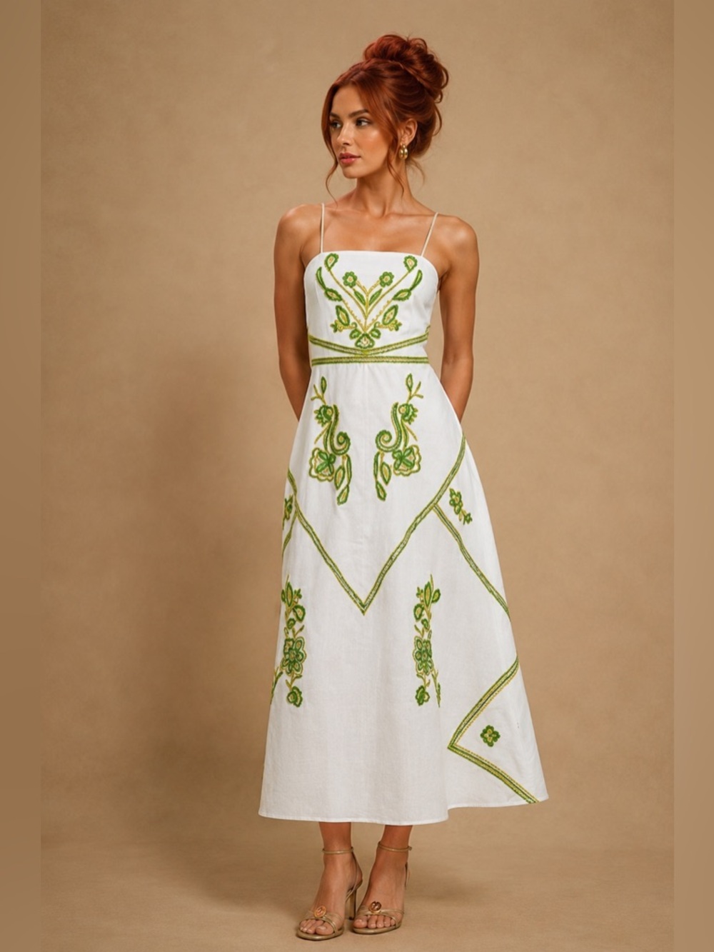Chelsea & Violet Marta Square Neckline Sleeveless Dress Green Embroidery NEW